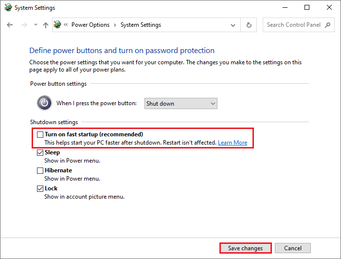 disable Fast Startup