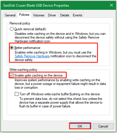 enable write caching on the device