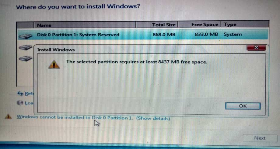 The selected partition requires at least MB free space