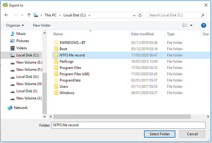 slect a storage path for the exported file