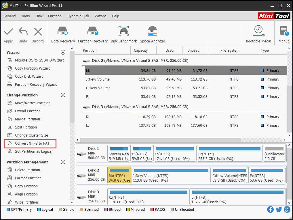 Convert NTFS to FAT in the main interface of MiniTool Partition Wizard Pro