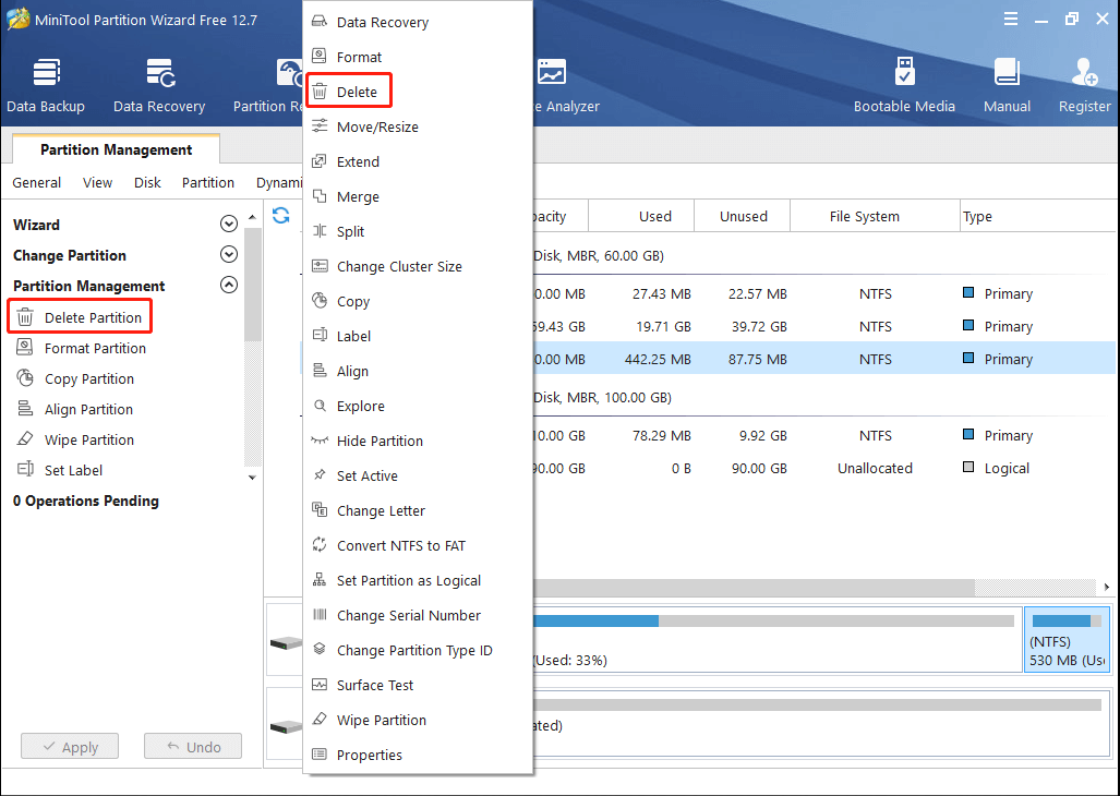 Delete partition with MiniTool Partition Wizard