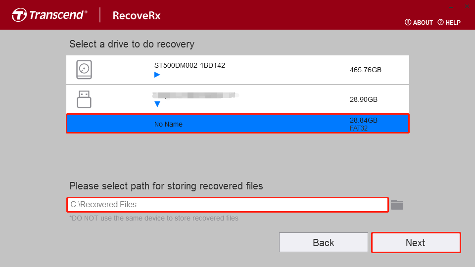 Select the target drive and another path to recover data