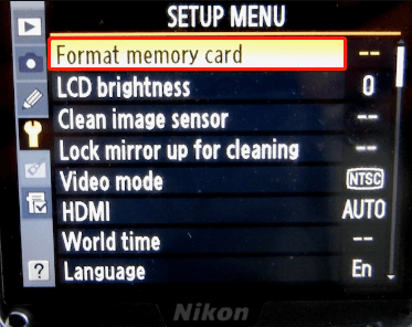 format SD card on Nikon camera