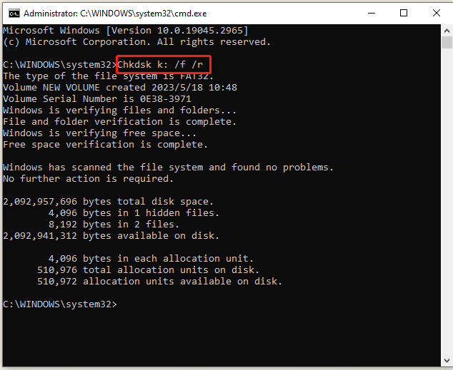 check SD card using CHKDSK