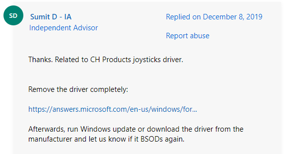 a user report from the Microsoft forum