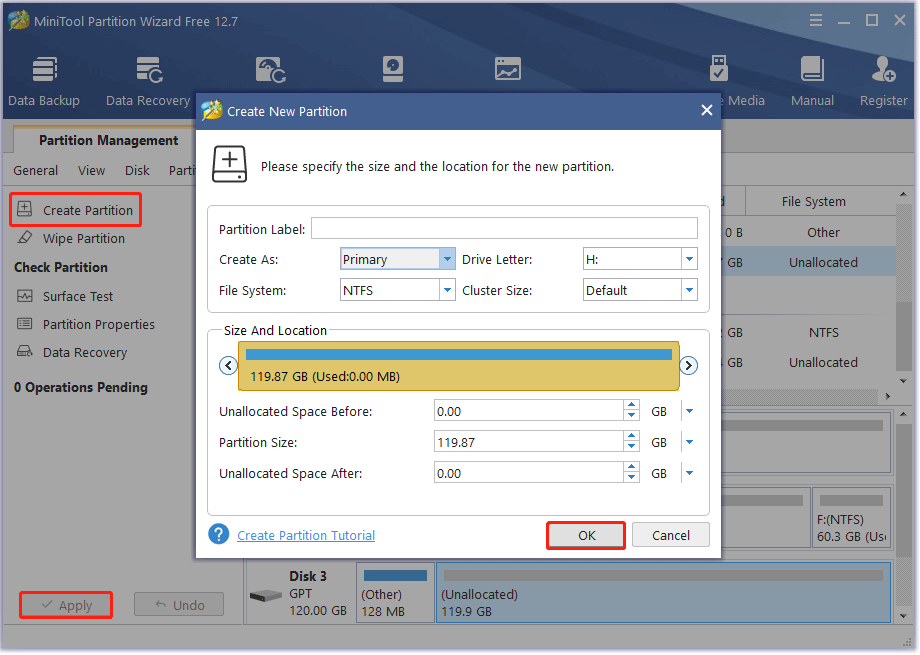 create a partition using MiniTool Partition Wizard