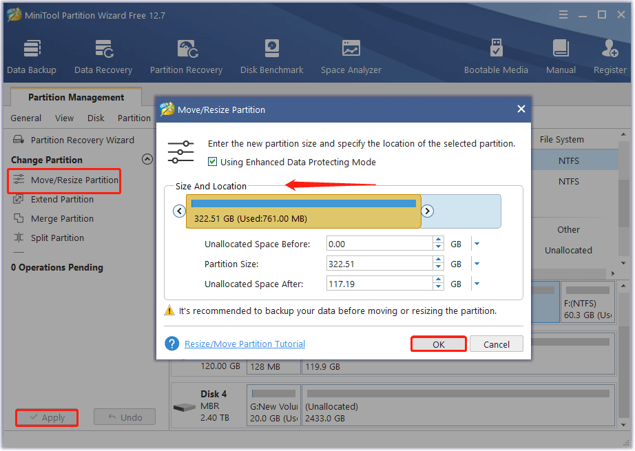 shrink partition with MiniTool Partition Wizard