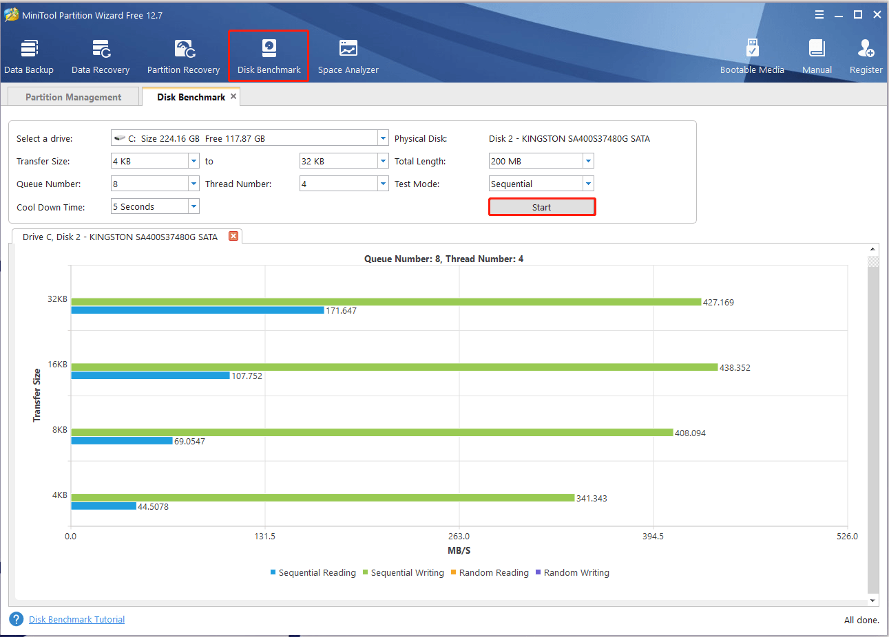 perform disk performance using MiniTool
