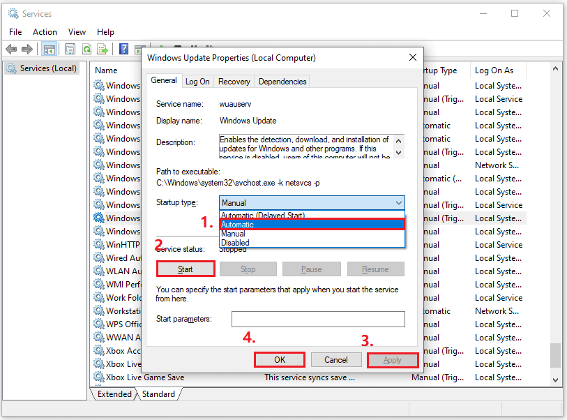 the steps to restart Windows update service