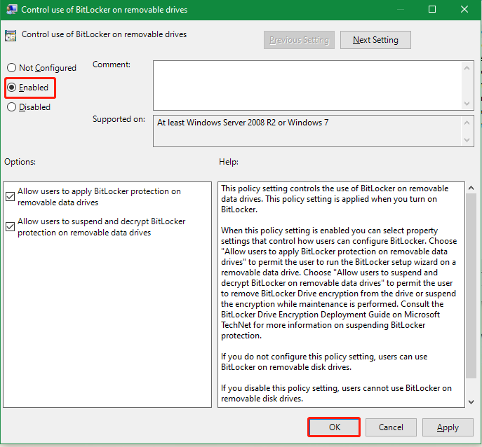 enable Control of the use of BitLocker on removable drives