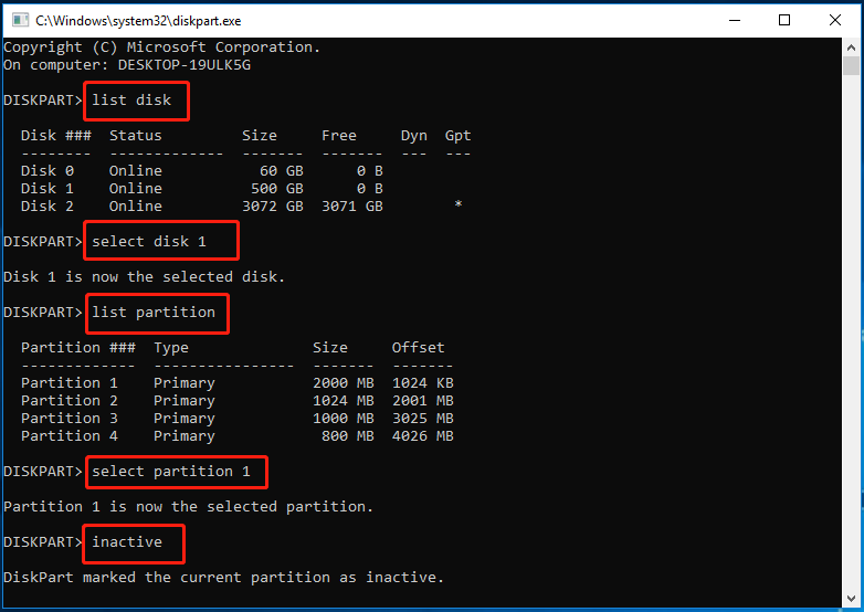 inactivate partition using CMD