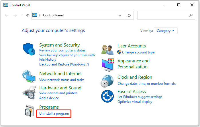 click Uninstall a program