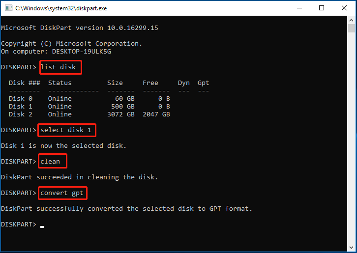 convert MBR to GPT using diskpart
