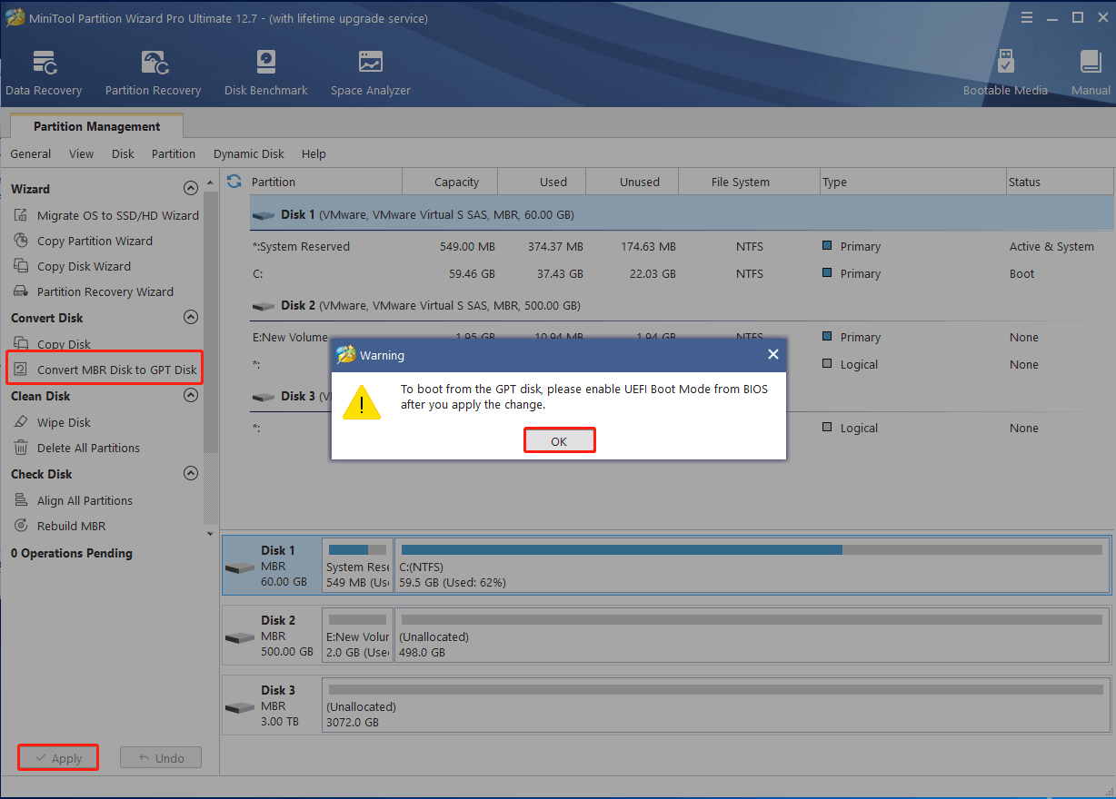 convert MBR to GPT using MiniTool
