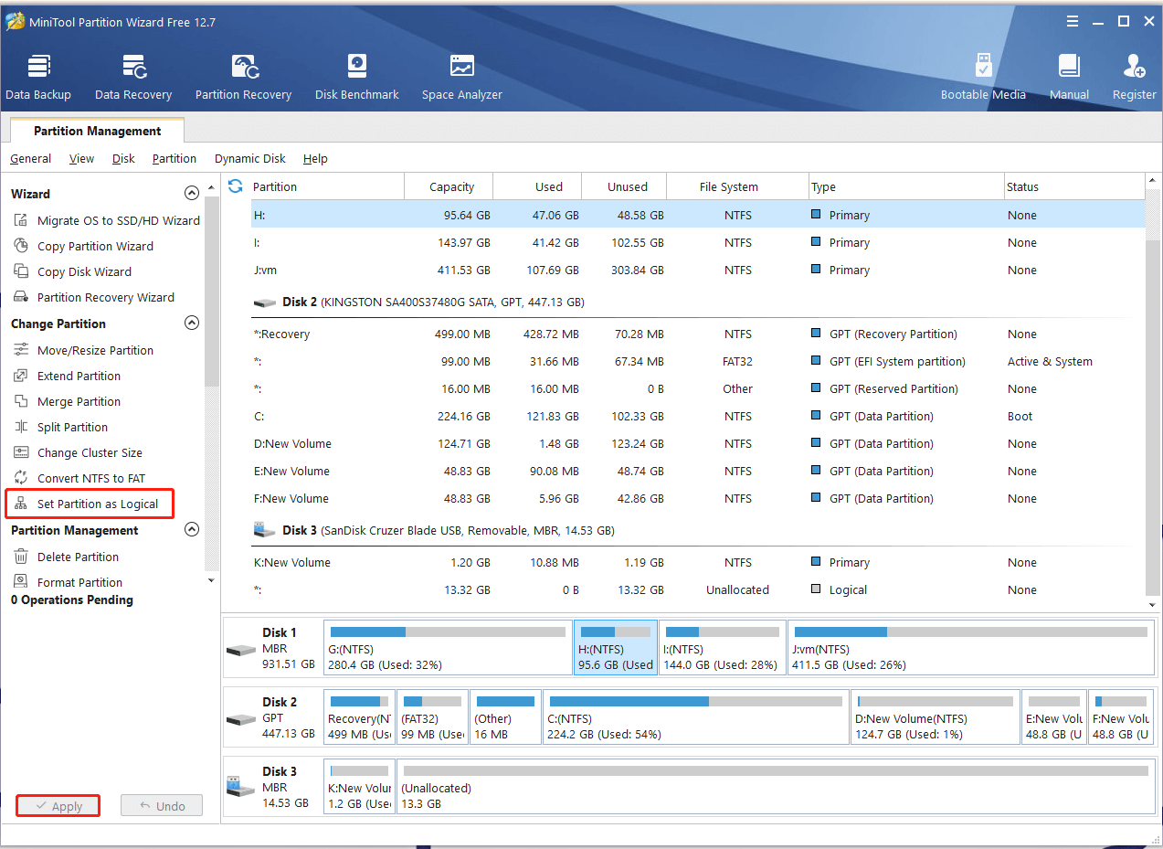 set partition as logical MiniTool