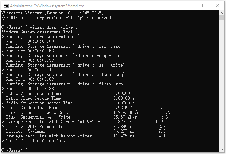 check SSD speed using Command Prompt