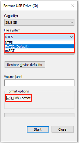 Select a file system and check Quick Format