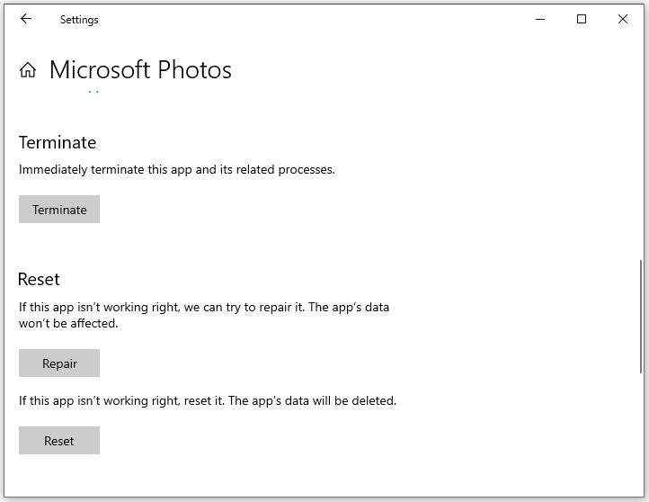 click Repair or Reset to fix Photo app error
