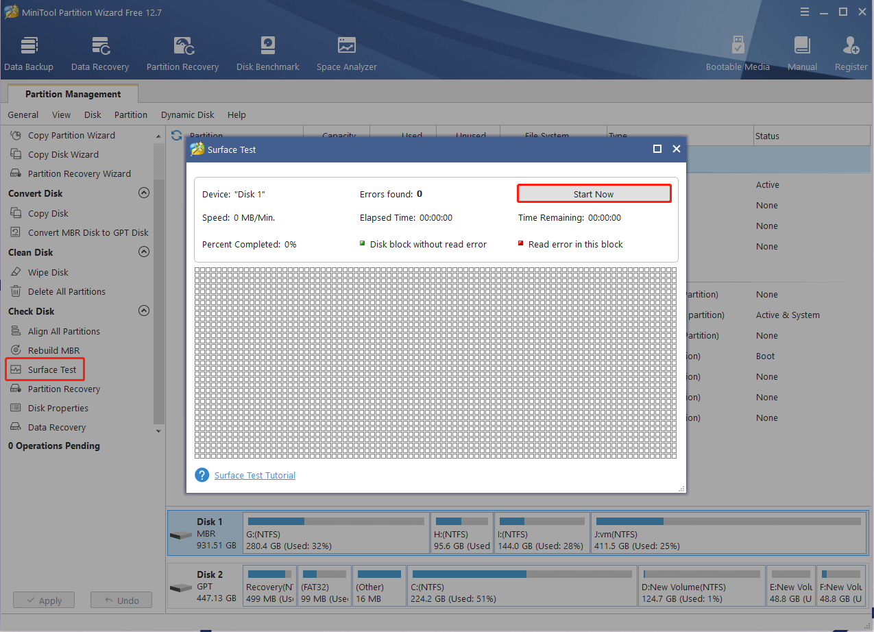 perform a Surface Test using MiniTool