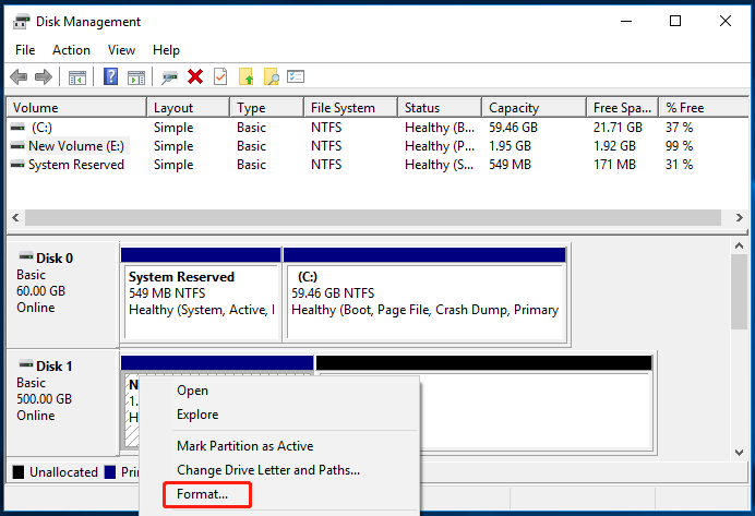 format a partition in Disk Management