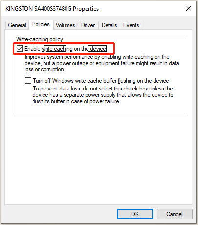 enable write caching in the device