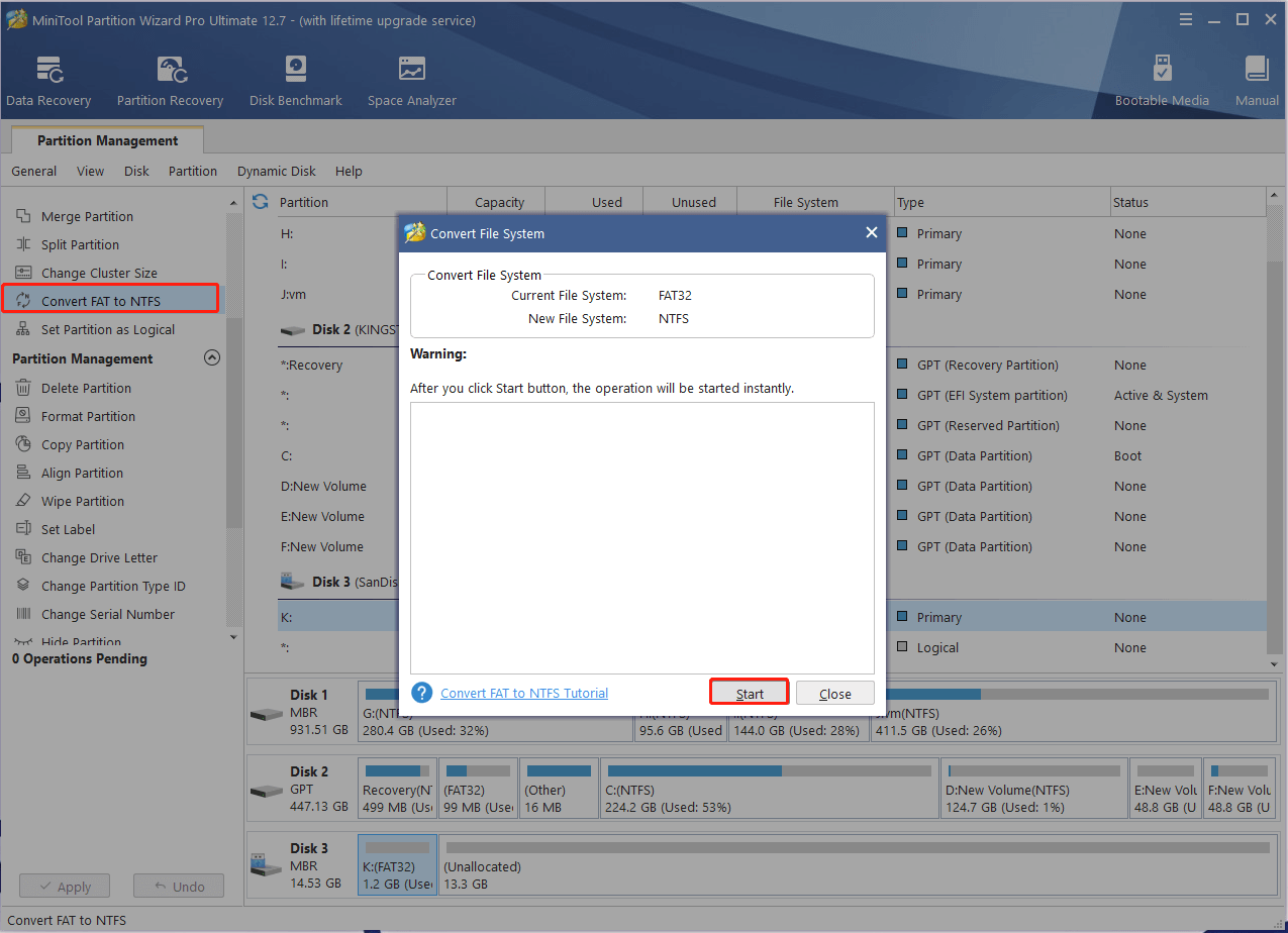 convert NTFS to FAT32 using MiniTool