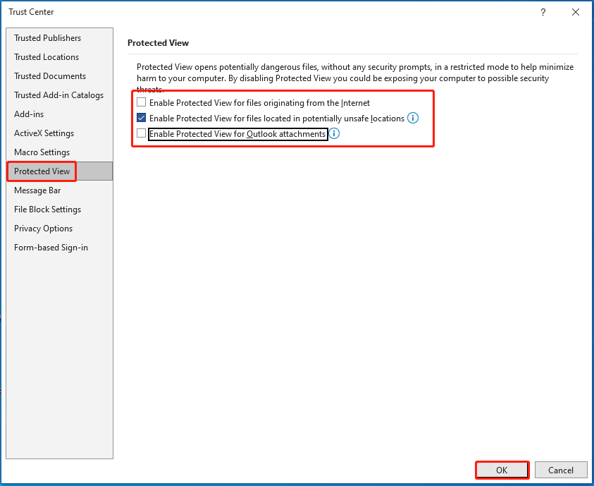 uncheck checkboxes and click OK